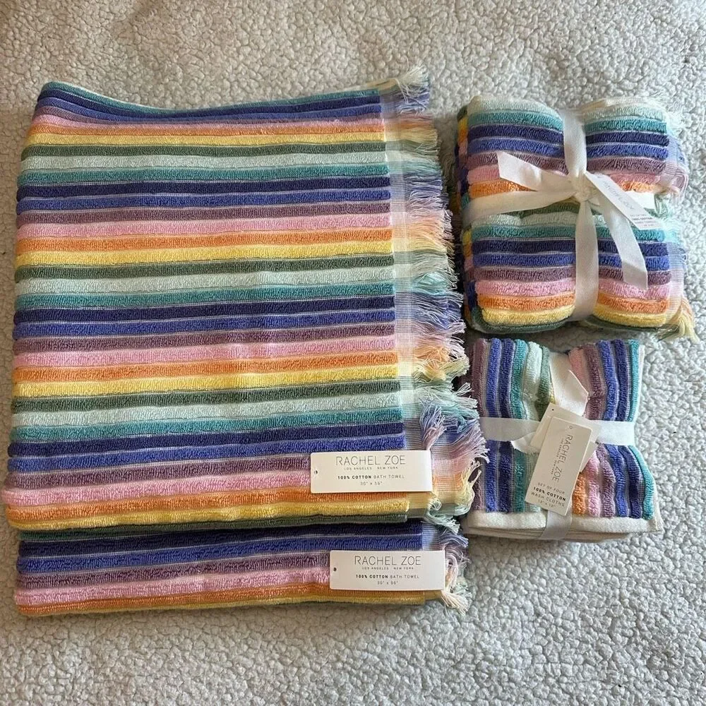 Rachel Zoe Bath Towel Set Rainbow Stripe Pattern Fringe NWT